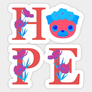 HOPE PUG DOG - Flowers - Blue Sticker